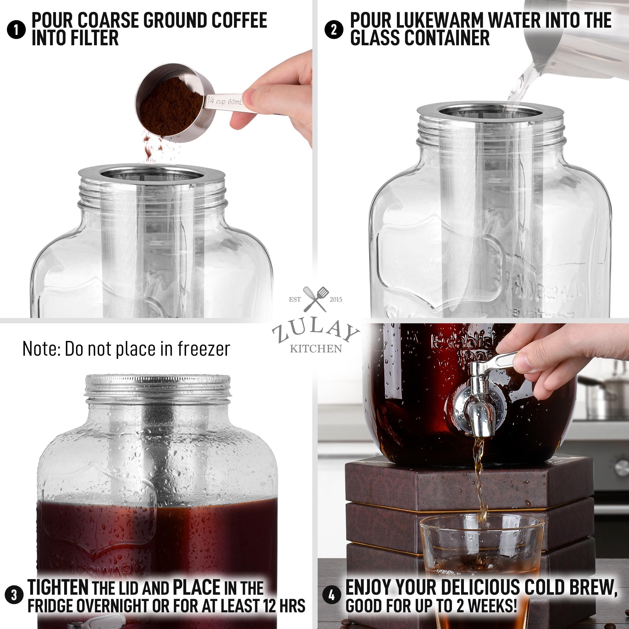 Zulay Kitchen 1 Gallon Cold Brew Coffee Maker - Large Iced Tea & Cold Brew Pitcher with Extra-Thick Glass & Stainless Steel Infuser - Cold Brew Coffee Maker with Airtight Lid & Spout (Silver)