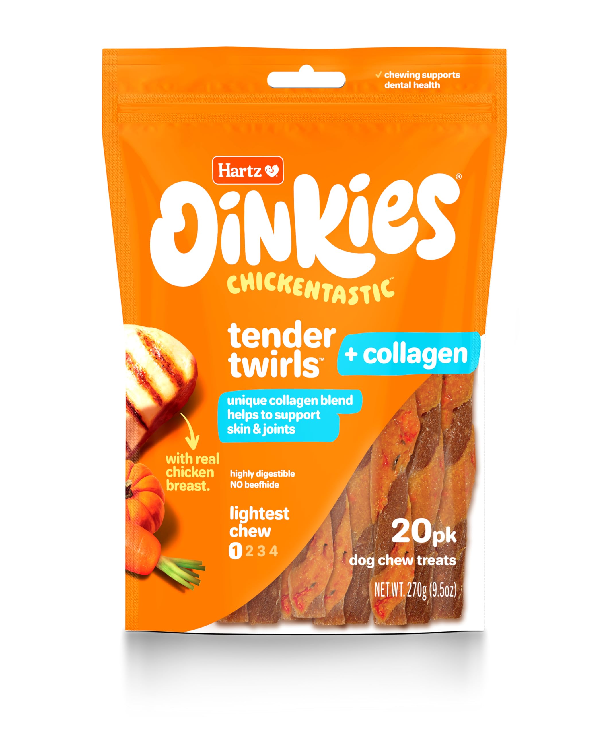 Hartz Oinkies Twirls + Collagen to Support Skin & Joints, Made with Real Chicken Breast, Highly Disgestible Dog Chews, 20 Count