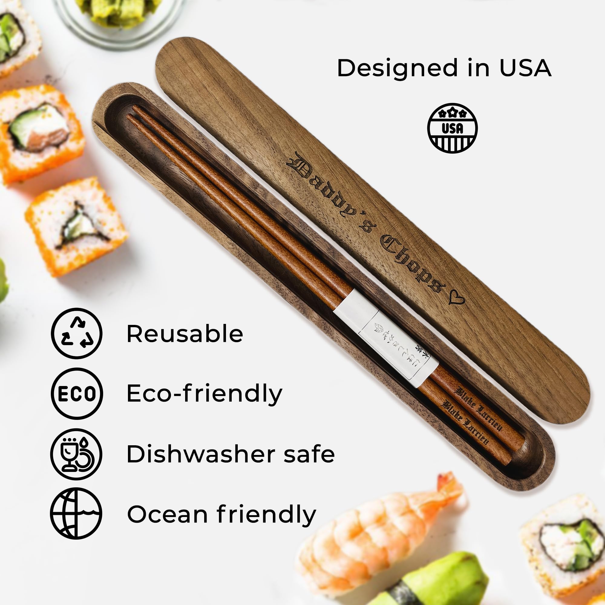 Walnut Chopsticks Reusable Engraved With Personalized Names Classic or Japanese Chinese Style Wood Chopsticks Dinnerware Utensils Christmas Gift Wedding Birthday