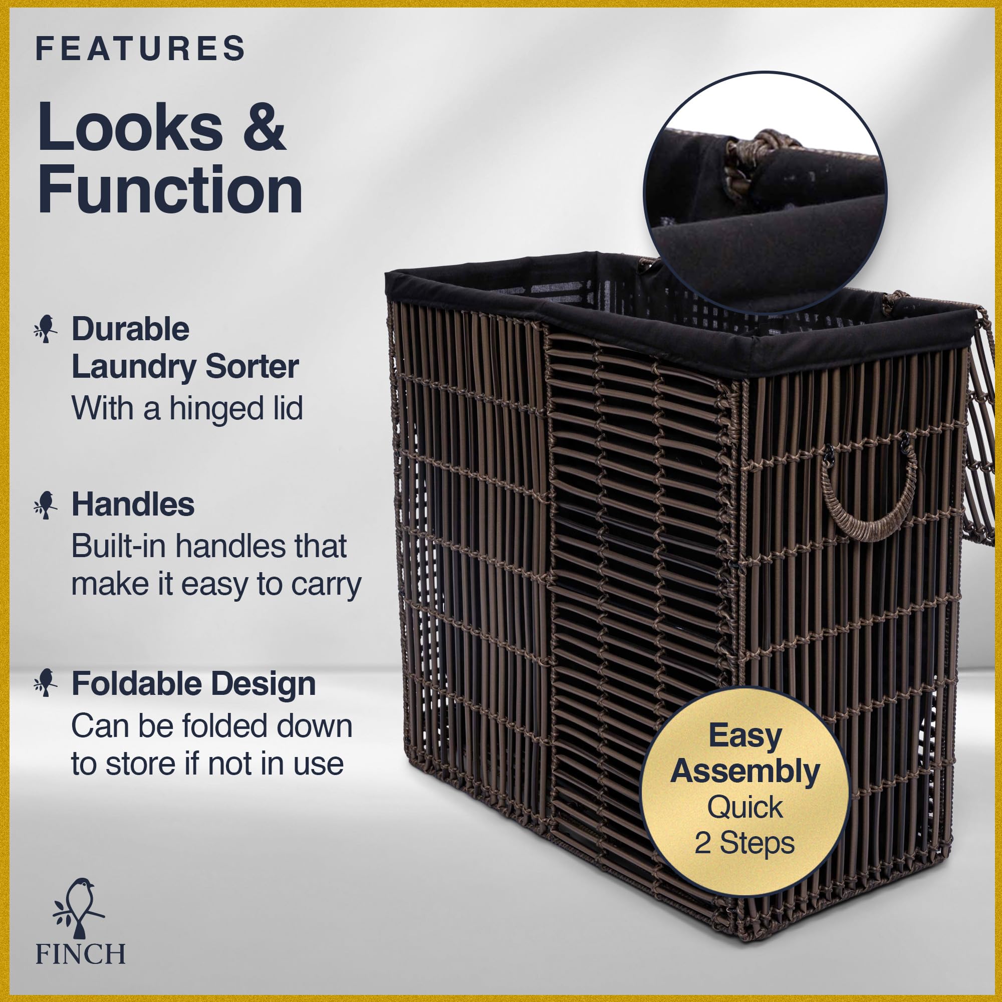 Finch Double Laundry Hamper with Lid & Handles, Foldable, 2 Divided Section (XXL) Clothes Hamper, Removable Washable Liner Bags, Steel Frame & Woven Poly Rattan, Sturdy Laundry Basket, Dark Brown