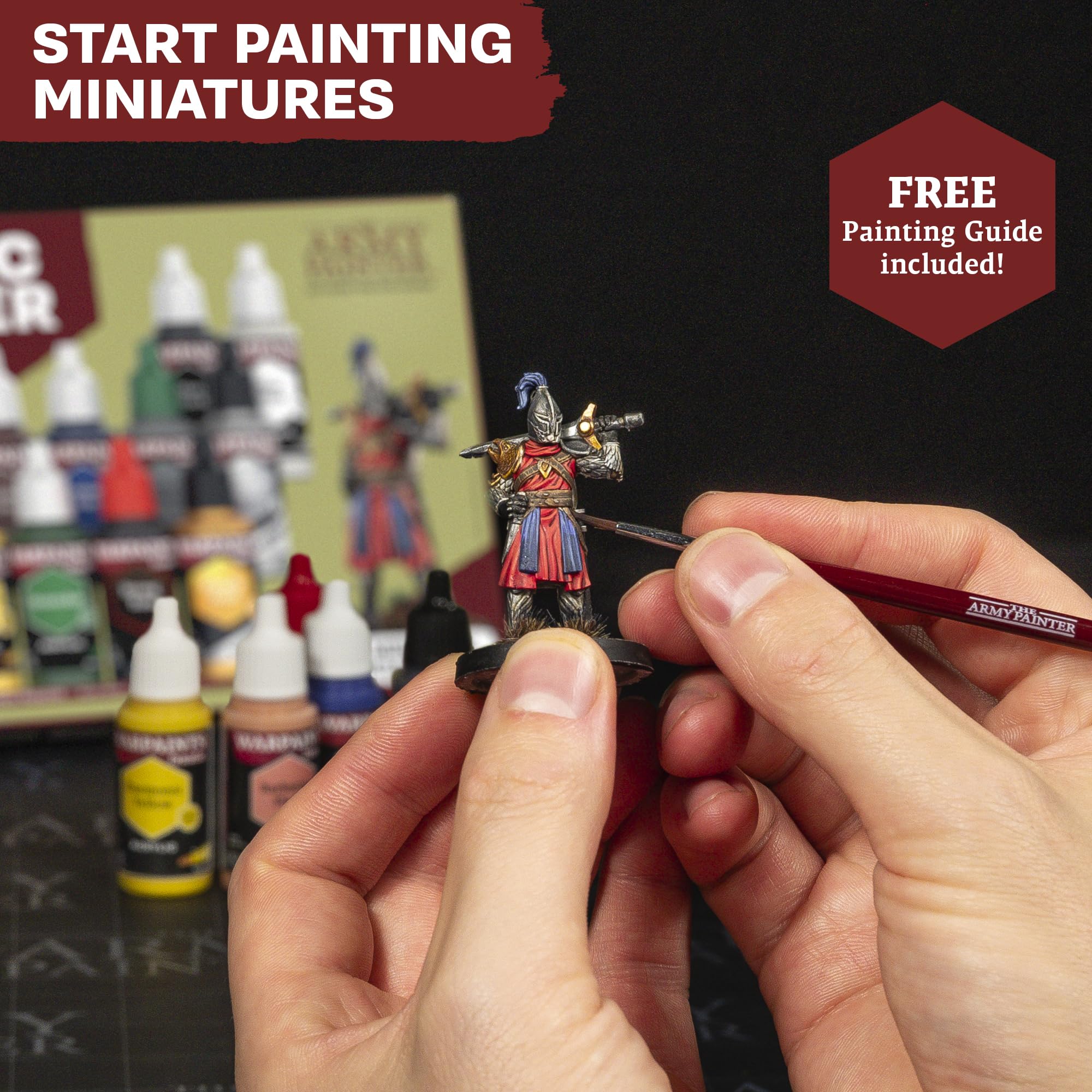 The Army Painter Warpaints Fanatic: Starter Set Combo, 11 paints: 7 acrylic colours, 2 Metallics, 1 Wash, 1 Brush-On Primer, 1 Basecoating Brush, Plus 1 Free Miniature figure and Starter Brush