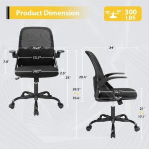 PrimeZone Mid-Back Ergonomic Office Chair - Comfortable Mesh Computer Chair with Wheels Comfy Swivel Task Chair with Flip-up Arms & Lumbar Support for Home Office Desk Chair, 300 lbs Capacity, Black