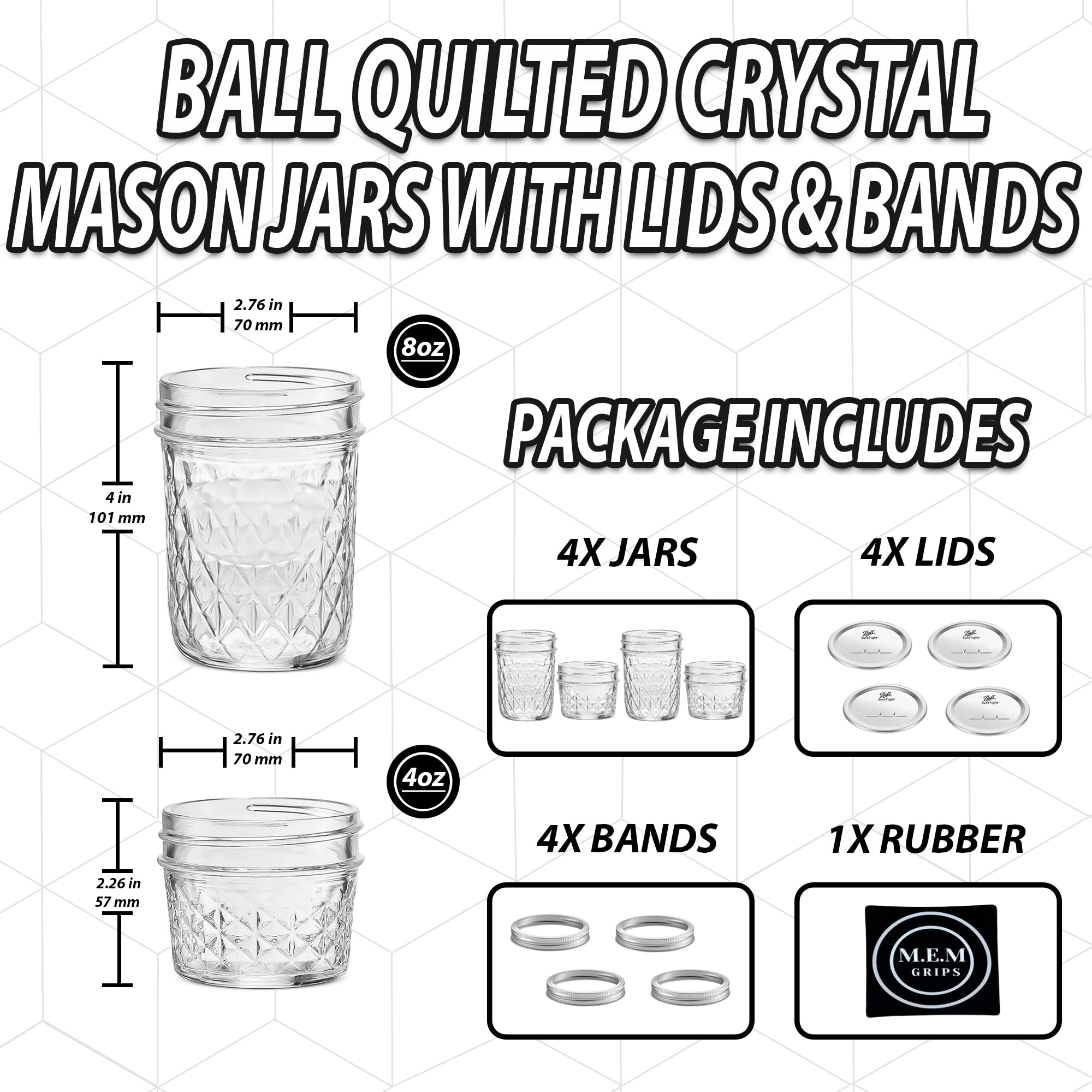 Quilted Crystal Jelly Regular Mouth Mason Jars - (4 Pack) - 2 - Ball 8-Ounce and 2 - Ball 4-Ounce Quilted Crystal Jelly Regular Mouth Jars with Lids and Bands + M.E.M Rubber Jar Opener Included