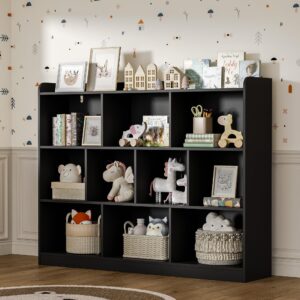 diyart black bookshelf, wood bookcase with 3 tier open shelves, 10-cube minimalist storage shelf for living room, bedroom, 43.3" w x 35.4" h