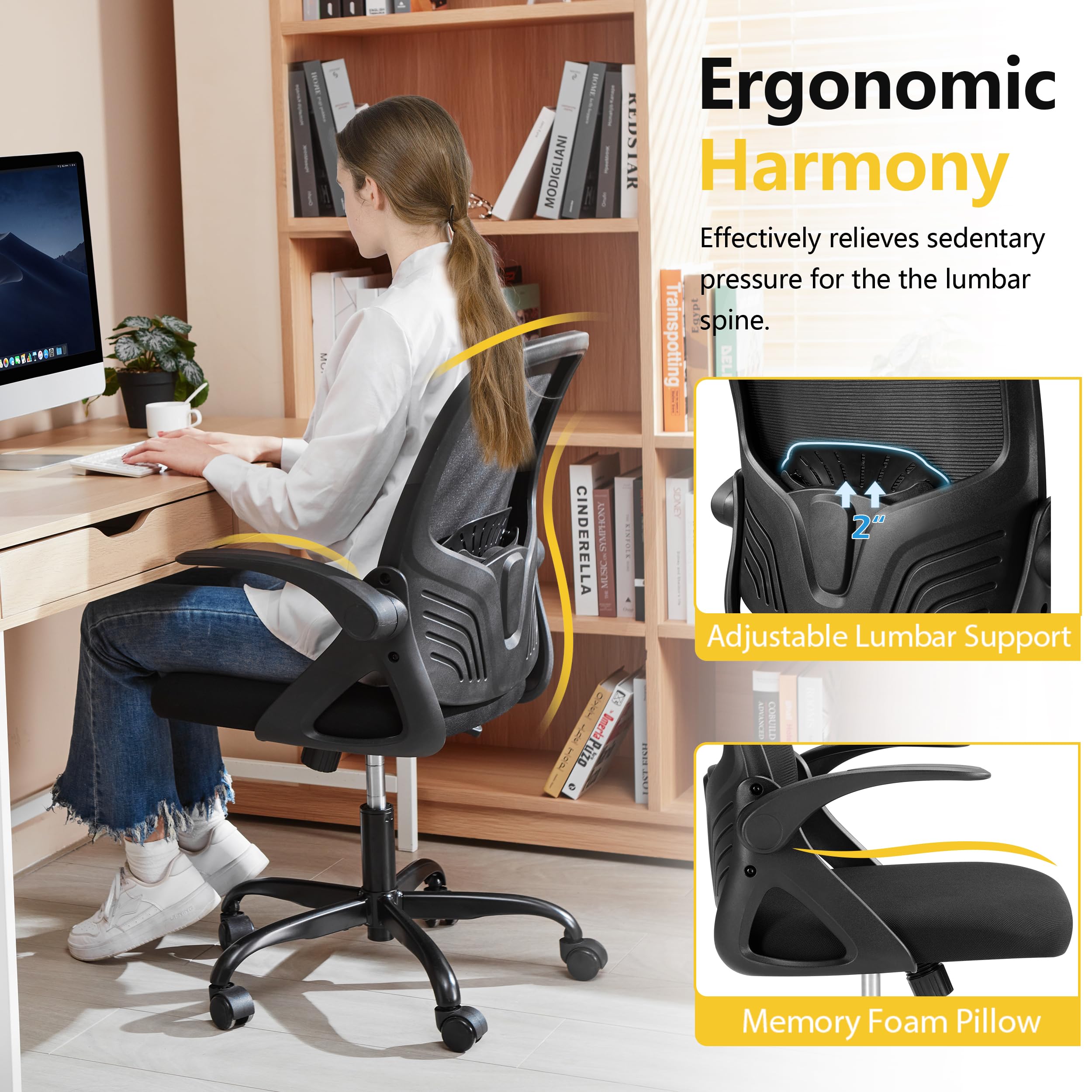 PrimeZone Mid-Back Ergonomic Office Chair - Comfortable Mesh Computer Chair with Wheels Comfy Swivel Task Chair with Flip-up Arms & Lumbar Support for Home Office Desk Chair, 300 lbs Capacity, Black