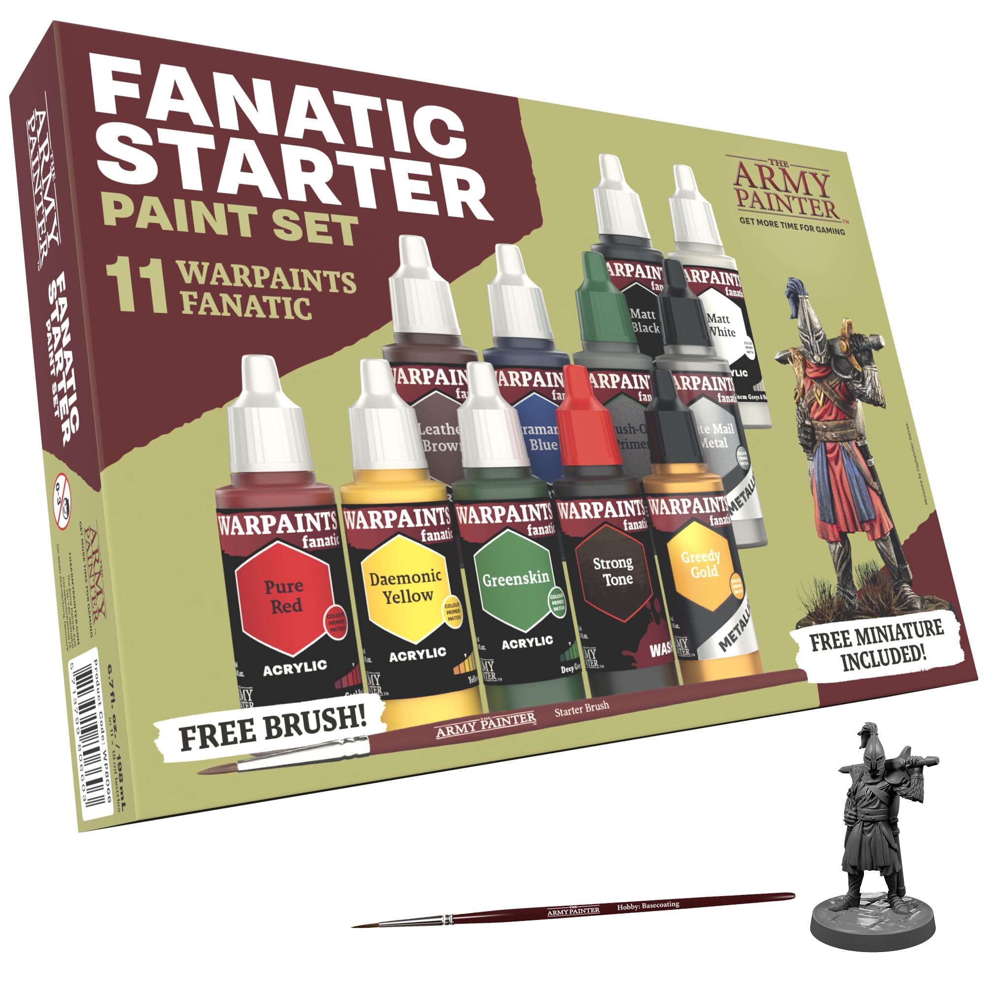 The Army Painter Warpaints Fanatic: Starter Set Combo, 11 paints: 7 acrylic colours, 2 Metallics, 1 Wash, 1 Brush-On Primer, 1 Basecoating Brush, Plus 1 Free Miniature figure and Starter Brush