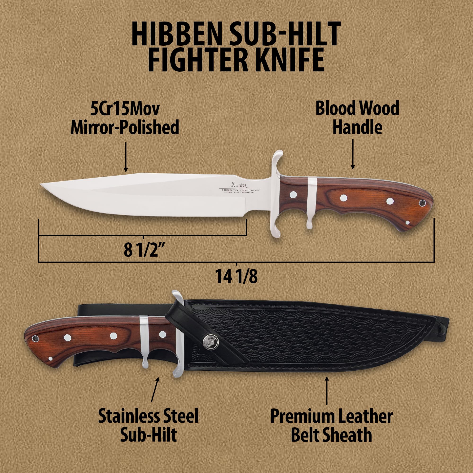 Gil Hibben United Cutlery Sub-Hilt Fighter Knife & Sheath | 5Cr15Mov Stainless Steel Blade | Bloodwood Handle | Stainless Steel Guard | 14 1/8" Length