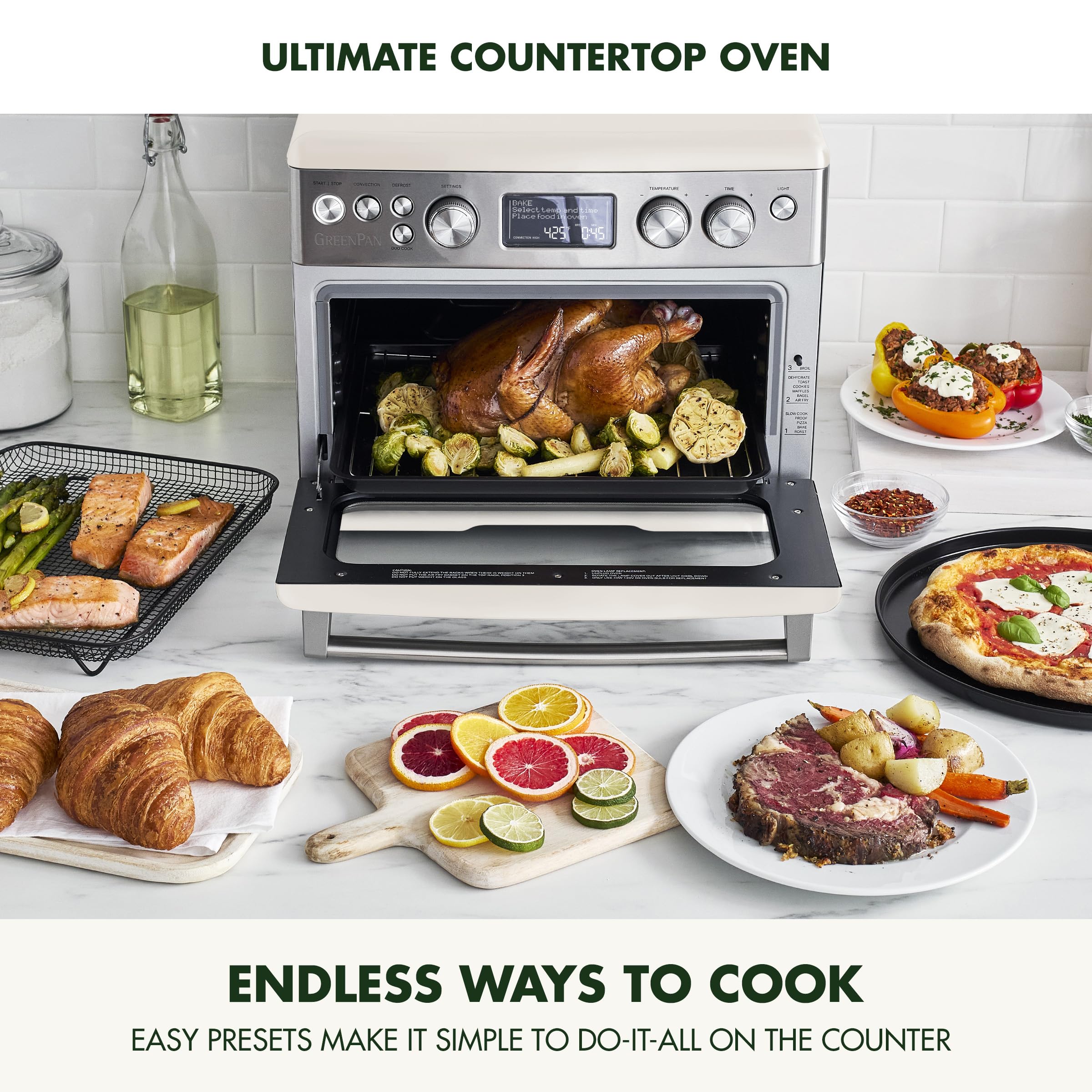 GreenPan 13-in-1 Elite Countertop Convection Oven & Air Fryer, PFAS-Free Ceramic Tray & Pizza Pan, Adjustable Racks, Multifunction Presets, Toaster, Bake, Broil, Roast, Proof, Dehydrate, Cloud Cream