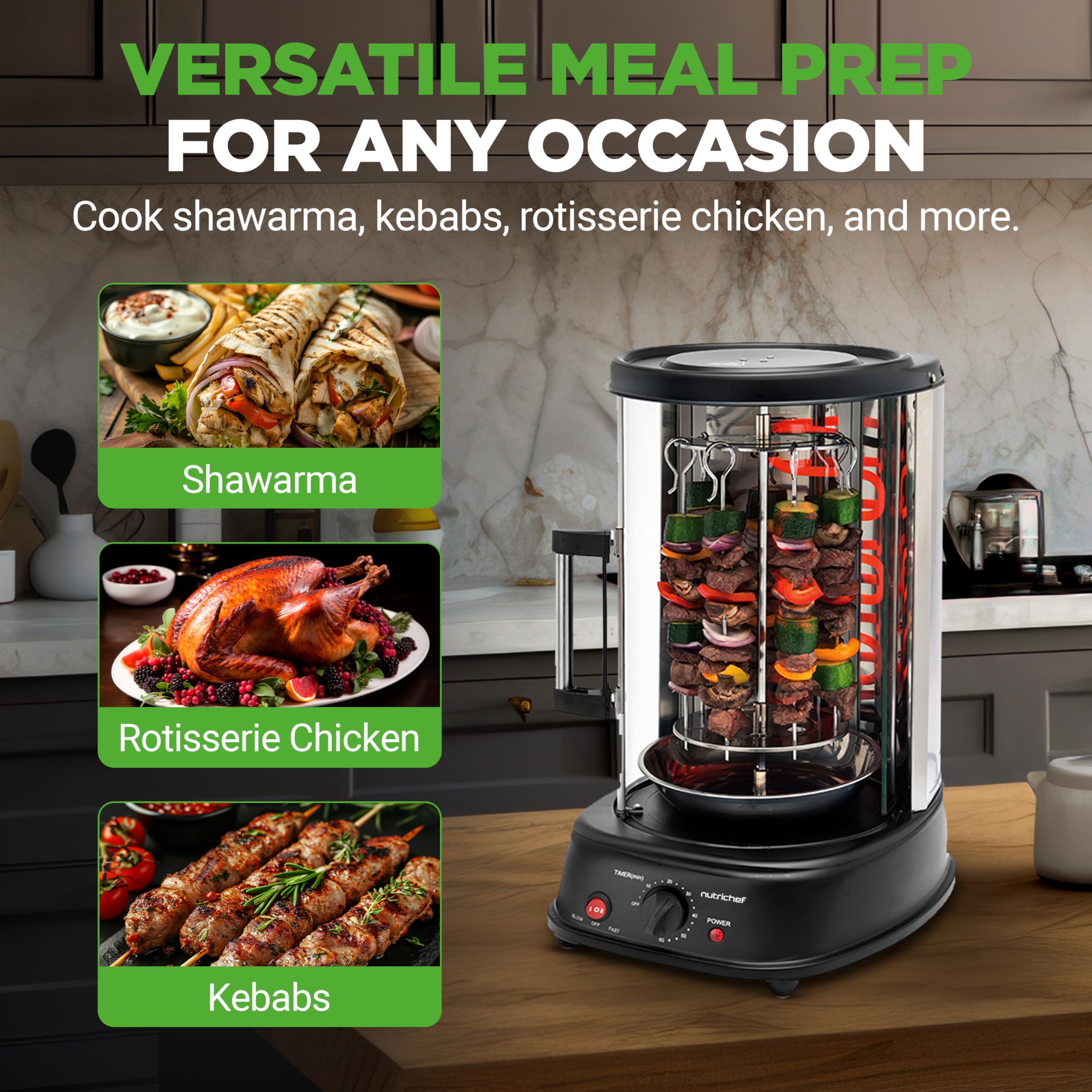 NutriChef Vertical Rotating Turkey & Shawarma Oven | Rotisserie, Shawarma, & Kebab Machine | Stain-Resistant, Energy-Efficient | Heat-Resistant Door | Includes Kebab Rack & 7 Skewers | Stainless Steel