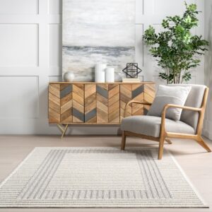 nuLOOM Nicka Striped 9x12 Machine Washable Area Rug for Living Room Bedroom Dining Room Kitchen, Light Grey/Cream