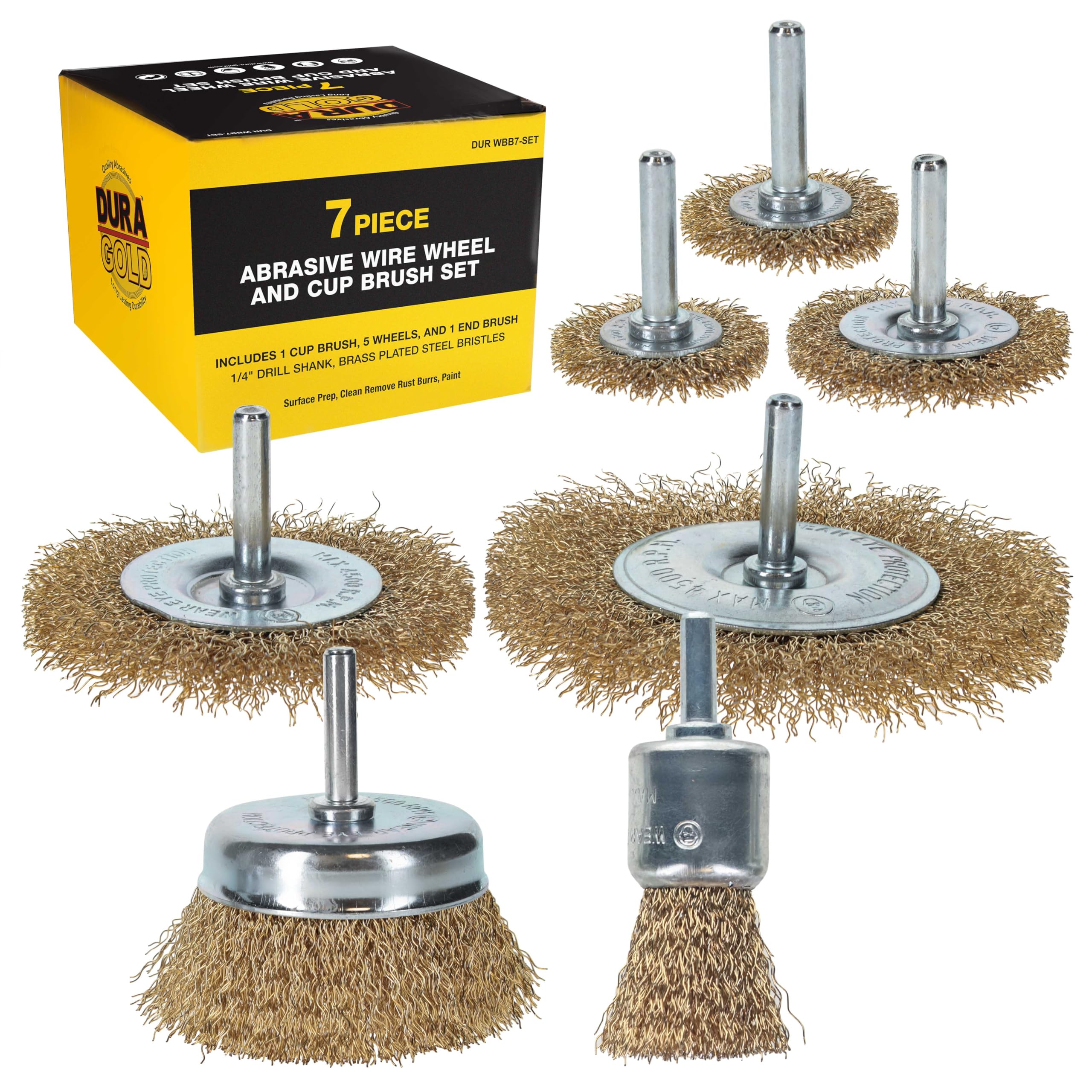 Dura-Gold 7-Piece Abrasive Brass-Coated Wire Wheel, Cup Brush, and End Brush Set, 1/4" Drill Shank, Carbon Steel Bristles - Surface Prep Grinding, Stripping Metal, Clean Remove Rust, Corrosion, Paint