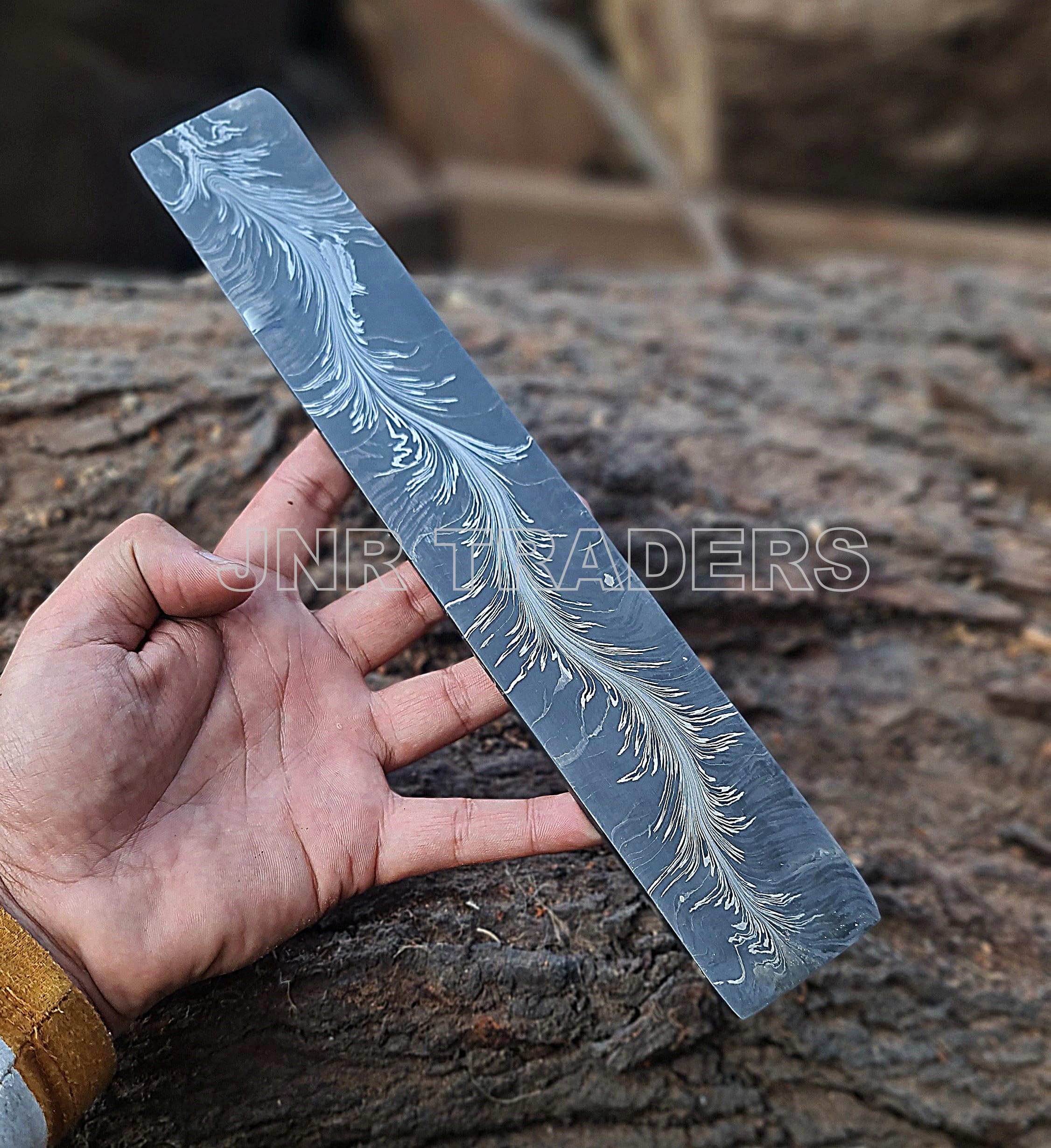 JNR Traders Forged Feather Pattern Damascus Billet - Damascus Bar Stock - Knife Making Supplies 12 Inch 3815