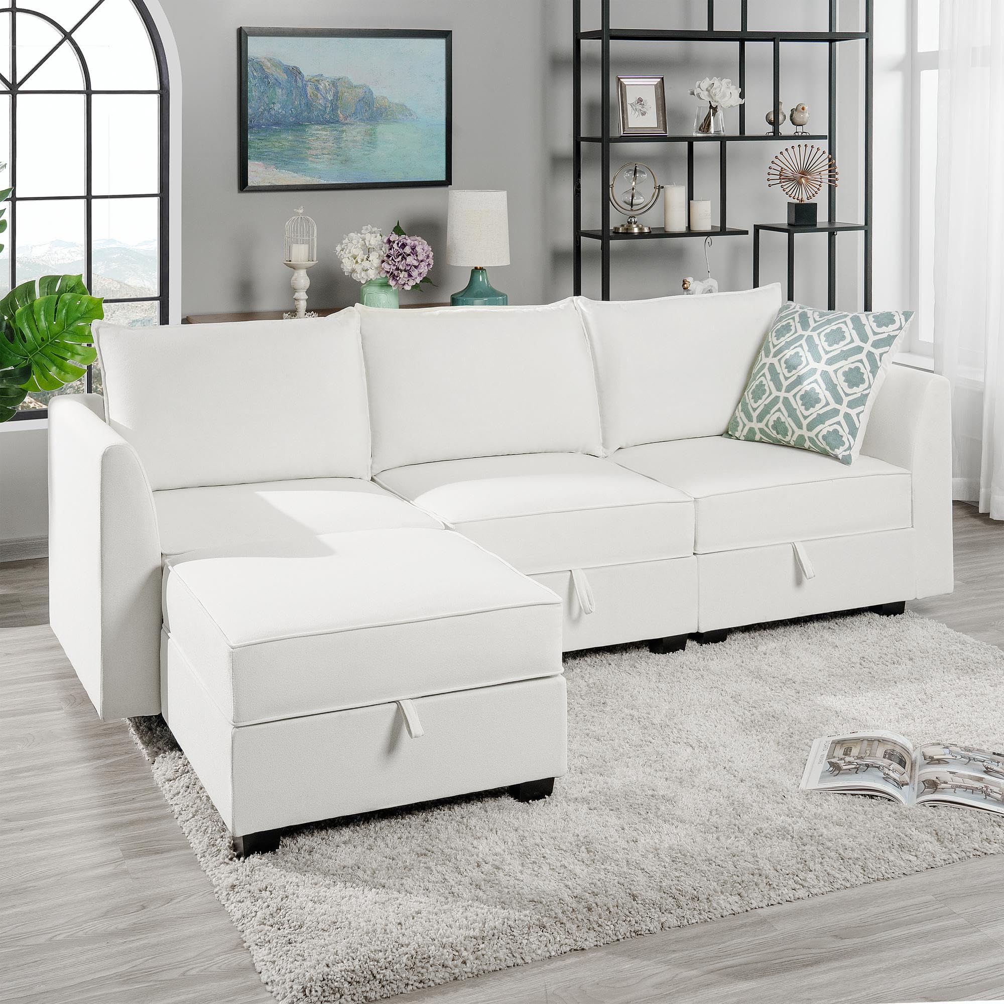 Naomi Home Elizabeth Modular Sectional Sofa with Storage L Shaped Modular Sofa 4-Seater Sectional Couch for Living Room, White Down, Linen