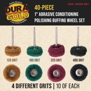 Dura-Gold 40-Piece 1" Abrasive Conditioning Polishing Buffing Wheel Set - 10 Each Grits 120, 180, 320, 400 with 1/8" Rotary Tool Shank - Sandpaper Scuff Pads, Clean Paint, Auto Detailing, Remove Rust