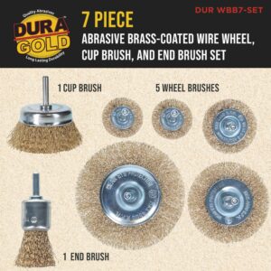 Dura-Gold 7-Piece Abrasive Brass-Coated Wire Wheel, Cup Brush, and End Brush Set, 1/4" Drill Shank, Carbon Steel Bristles - Surface Prep Grinding, Stripping Metal, Clean Remove Rust, Corrosion, Paint