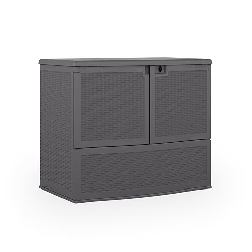 Suncast Backyard Oasis Vertical Outdoor Deck Boxes for Patio Bars, 195-Gal. Outdoor Storage Box for Patio Furniture and Grill Tools, Cool Gray