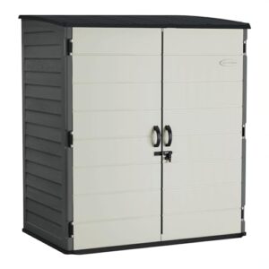 suncast extra-large vertical storage shed for yard storage, all-weather outdoor storage shed with 2 lockable doors, 70.5" w x 44.25" d x 77.5" h, peppercorn