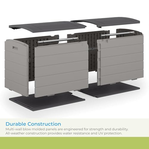 Suncast 120-Gal. All-Weather Patio Deck Box with Pad-Lockable Split Top Lid, Extra-Large Outdoor Storage Unit for Patio Furniture and Grill Tools