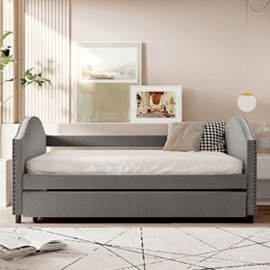 DRELOFT Full Size Upholstered Daybed with Strong Durable Pull-Out Trundle and Legs, Full Day Bed Sofa Bed with Wood Slat Support for Living Room Bedroom Guestroom, No Box Spring Needed, Gray