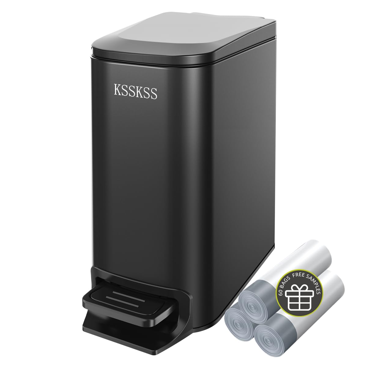 KSSKSS Small Bathroom Trash Can with Soft Close Lid, 6L / 1.6 Gallon Stainless Steel Garbage Can with Removable Inner Bucket, Step Pedal, Slim Wastebasket for Bedroom, Home Office (Matt Black)