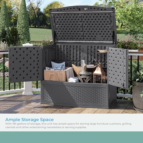 Suncast Backyard Oasis Vertical Outdoor Deck Boxes for Patio Bars, 195-Gal. Outdoor Storage Box for Patio Furniture and Grill Tools, Cool Gray