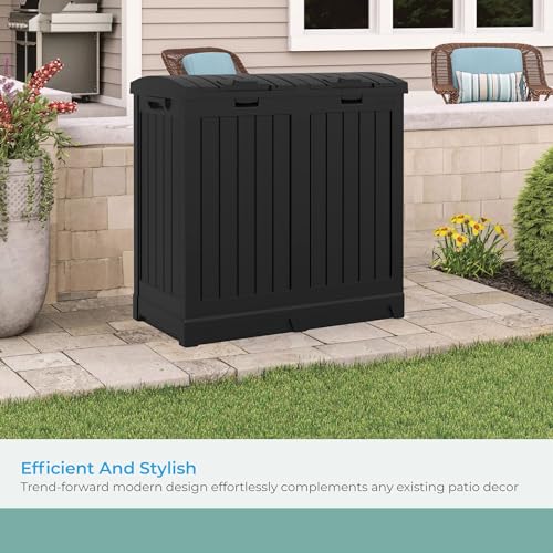 Suncast Dual Trash Hideaway Cabinet for Garbage and Recycle Bags, Discrete Outdoor Trash Cabinet with Concealed Trash Bag Holders, Holds Two 33-Gal. Bags