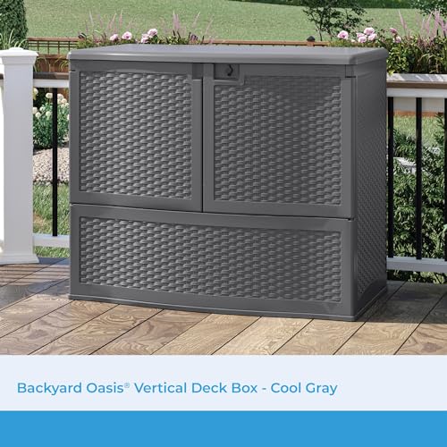 Suncast Backyard Oasis Vertical Outdoor Deck Boxes for Patio Bars, 195-Gal. Outdoor Storage Box for Patio Furniture and Grill Tools, Cool Gray