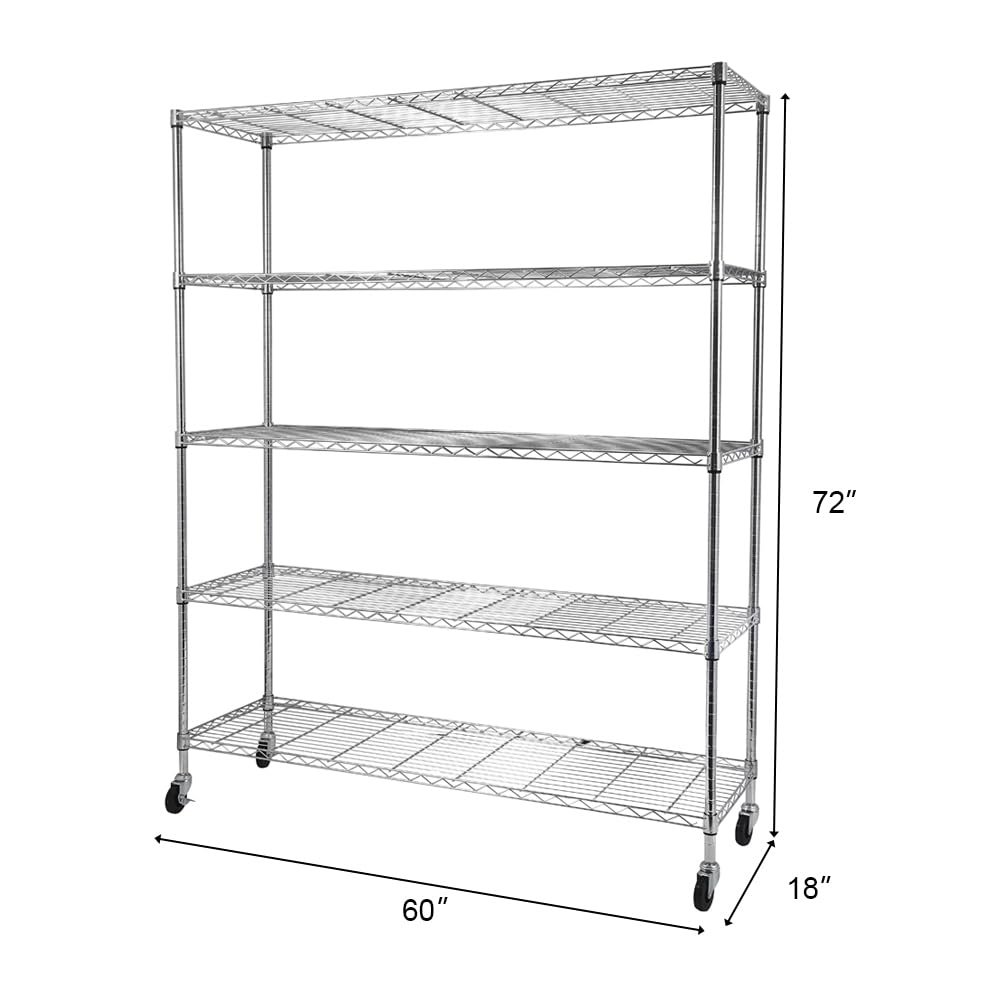 Metal Storage Shelves with Wheels, NSF Shelving Unit 60 X 18 X 72, 1325 Lbs Capacity, 5 Tier Heavy Duty Wire Shelving Rack, Commercial Metal Shelves for Storage, Garage, Pantry, Kitchen, Chrome