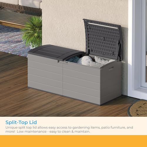 Suncast 120-Gal. All-Weather Patio Deck Box with Pad-Lockable Split Top Lid, Extra-Large Outdoor Storage Unit for Patio Furniture and Grill Tools