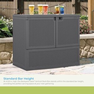 Suncast Backyard Oasis Vertical Outdoor Deck Boxes for Patio Bars, 195-Gal. Outdoor Storage Box for Patio Furniture and Grill Tools, Cool Gray