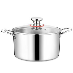 thega stainless steel stock pot - large stock pot with lid, round stock pot with soft-touch handles, tri-ply pasta/chicken/soup pot, stockpot for steaming and stewing, dishwasher safe, 8qt