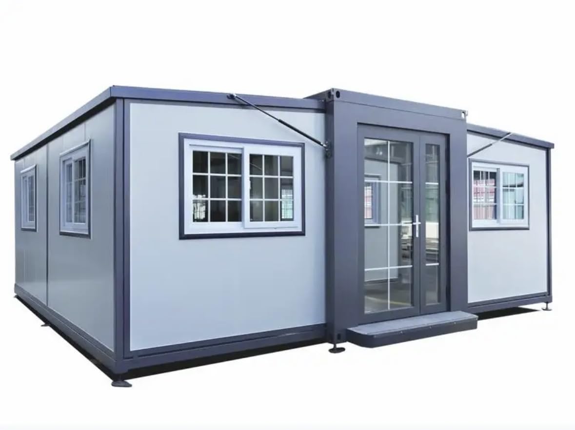 SAA Gray Modern House, 19 x 20 FT, 2 Rooms, 1 Bathroom & 1 Kitchen, Alloy Steel, Foldable Outbuilding – Light Blue Gray