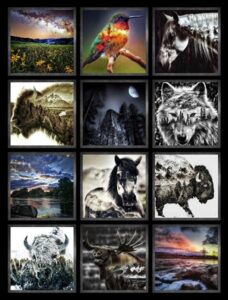 hoffman california fabrics 57"" x 44"" panel wild animals creatures nature bison wolves moose horses birds landscapes cotton fabric panel (v5291-742-dusk), black