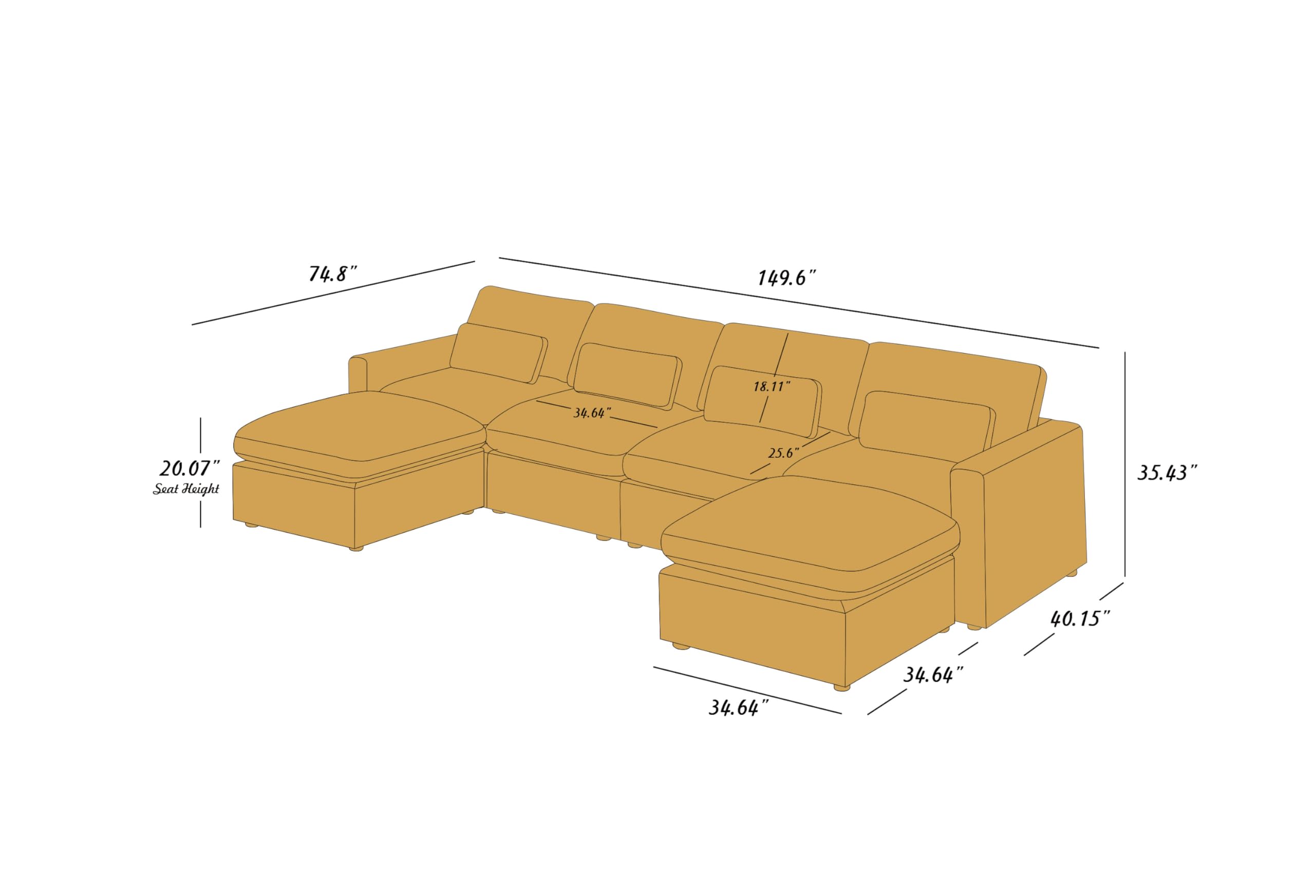 VANOMi 149" Oversized Modular Sectional Sofa, Extra Large U Shaped Couch with Reversible Chaise, 6 Seater Living Room Sofa Couch, Warm Yellow