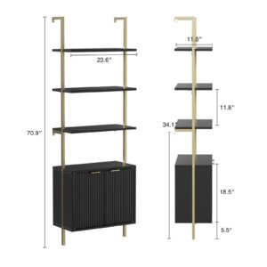 Ladder Bookshelf with Cabinet, 71" Tall Wall Mounted Bookcase with Shelves & Storage, Fluted Ladder Shelf with Metal Frame, 5-Tier Display Rack for Living Room, Home & Office, Bedroom, Black & Gold