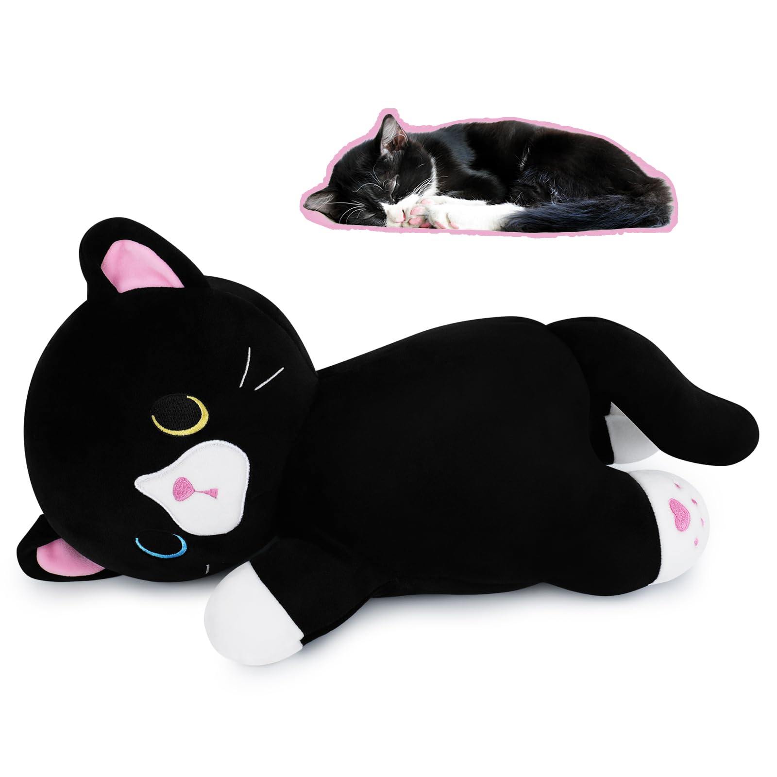 Achwishap Cat Plush,Soft Cat Stuffed Animals Plush Toys,Kawaii Plush Cat Pillow,Black Cat Body Pillow Kitten Stuffed Animal,Cute Plushies Gifts for Kids Adults Birthday(Black Cat,14”)