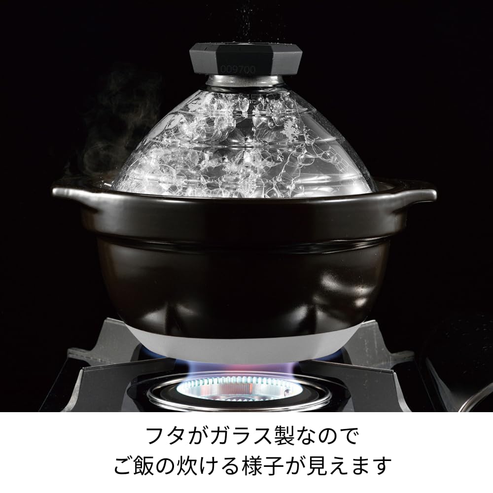 HARIO GNR-200-B-W Rice Pot with Glass Lid, 2-3 Cups, Visible Inside Heat-resistant Glass, Ceramic, Made in Japan