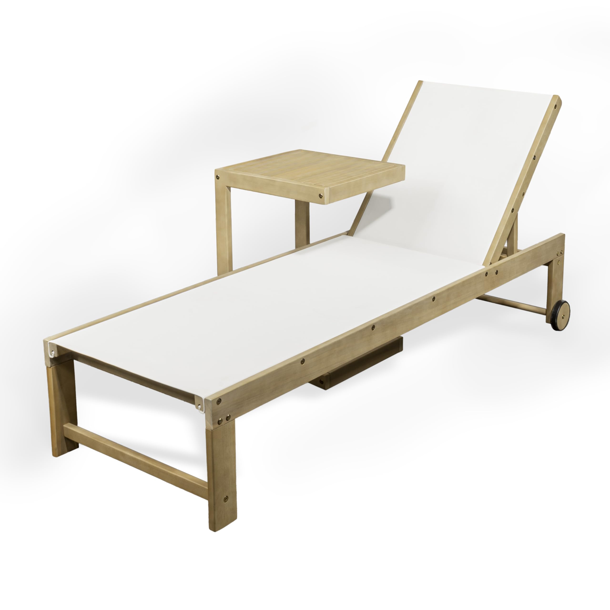 JONATHAN Y LNG1100C-2SET Trabuco Coastal Modern Acacia Wood Mesh 3-Position Outdoor Chaise Lounge Set with Side Table Transitional, Classic, Minimalist, Traditional, Contemporary, White/Light Teak