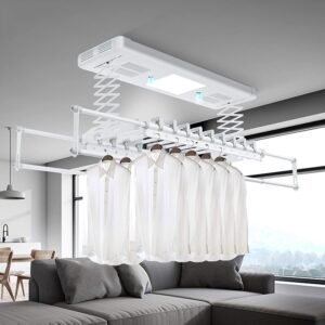 Electric Laundry Drying Rack Ceiling Mounted Clothes Drying Rack with LED Light Drying Fan Indoor Automatic Balcony Drying with Telescopic Clothes Drying Machine Pole (Color : Gold)