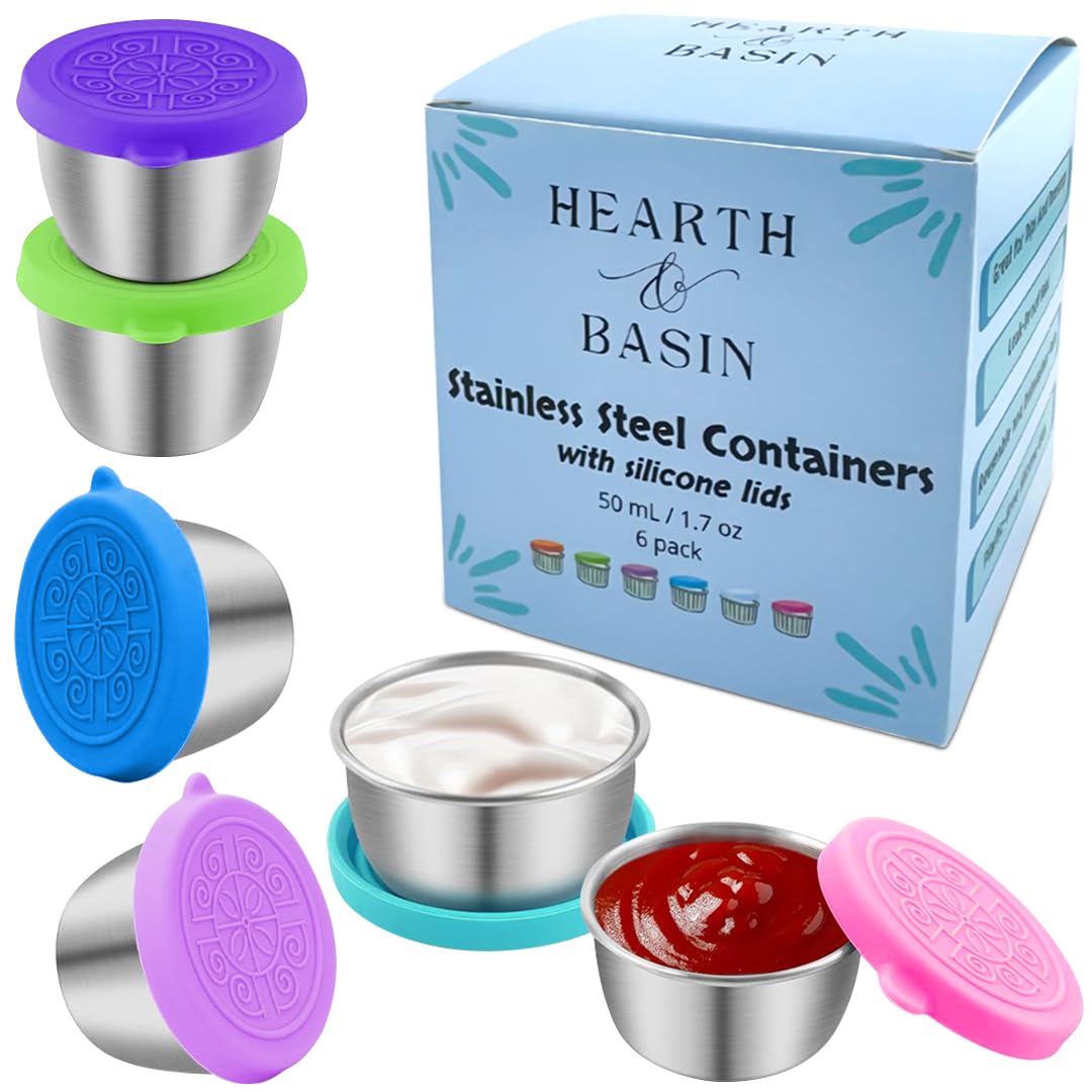 Hearth & Basin 6 Pack 1.7 oz Salad Dressing Container To-Go with Reuseable Silicone Lids, Stainless Steel Cups, Ramekins, Dip Containers, Condiment, Sauce, For Lunch, Bento Box, Picnic and Travel,