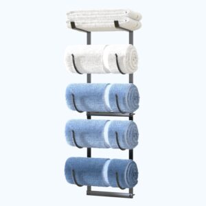 josmimic towel rack for rolled towels: 5 tier towel holder wall mounted in bathroom - matted black 25.6 inch