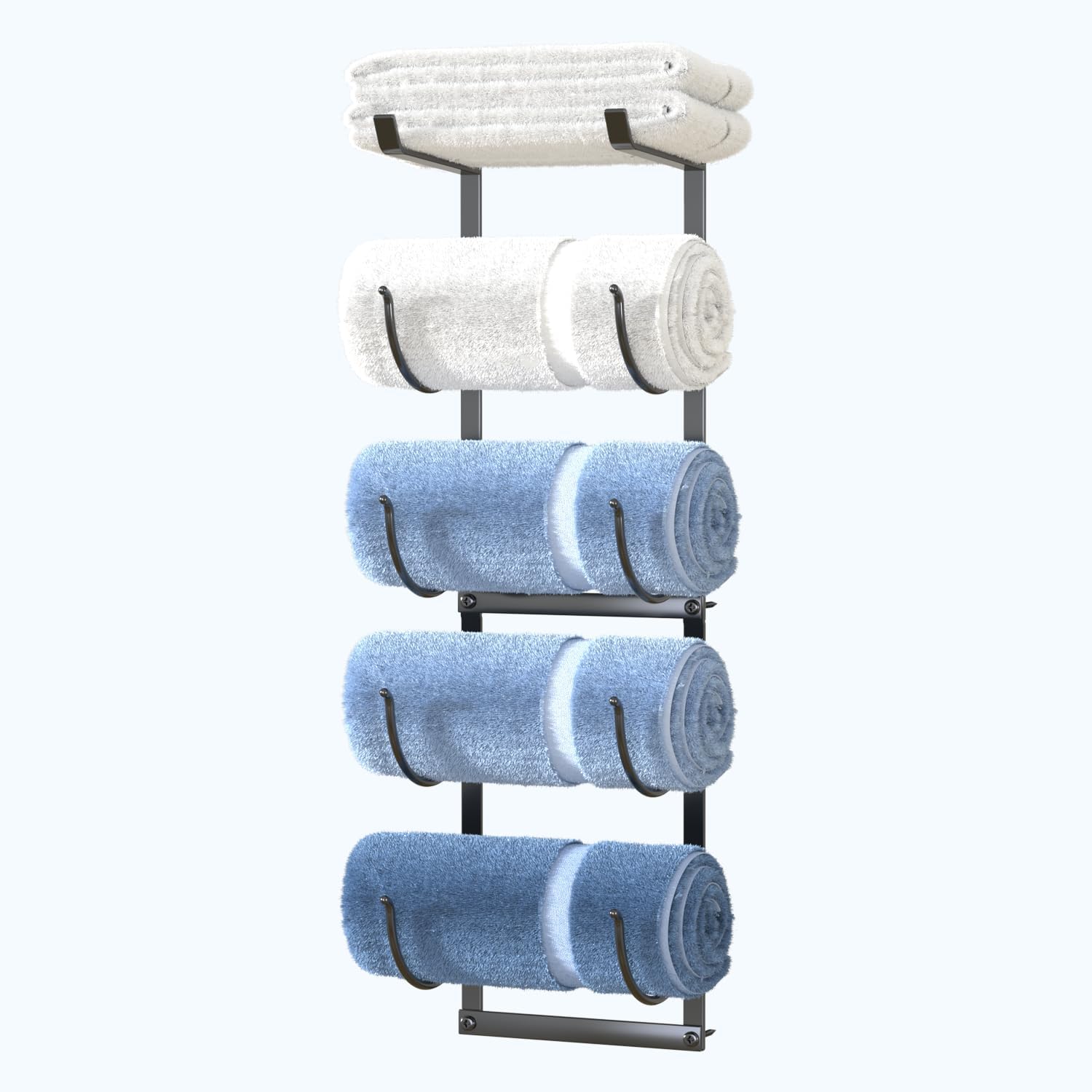 Josmimic Towel Rack for Rolled Towels: 5 Tier Towel Holder Wall Mounted in Bathroom - Matted Black 25.6 Inch