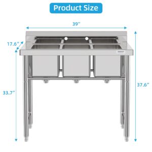 GAOMON Freestanding Commercial Kitchen Sink Stainless Steel 3 Compartments Prep & Utility Sink with Legs for Restaurant, Kitchen, Laundry Room, Garage, Bar