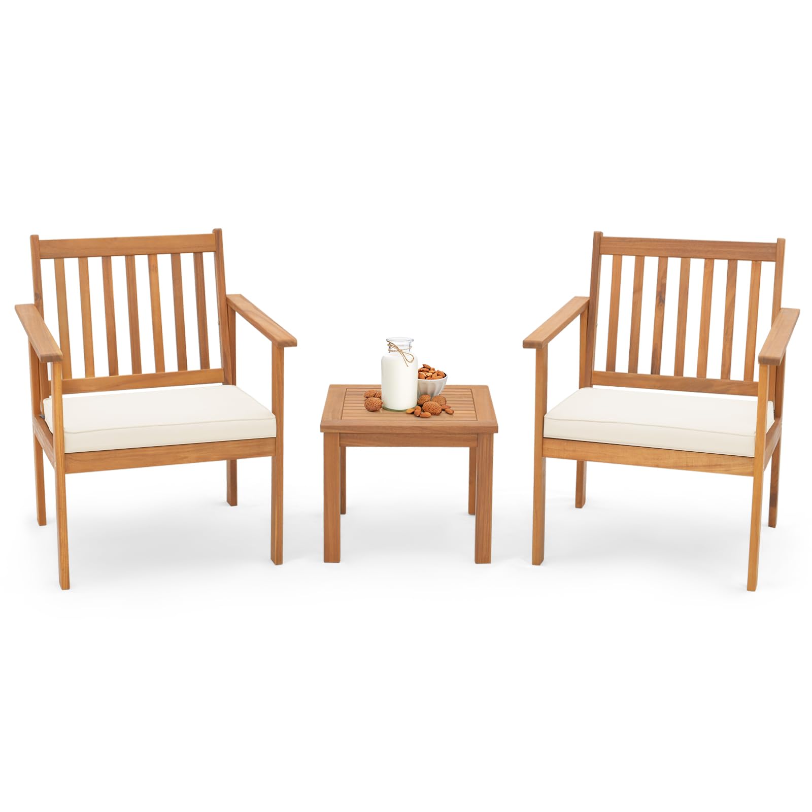 Tangkula 3 Pieces Patio Wood Furniture Set, Acacia Wood Chairs and Coffee Table Set with Soft Cushions, Slatted Design, Outdoor Furniture Set for Porch, Yard, Balcony (White)