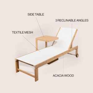 JONATHAN Y LNG1100C-2SET Trabuco Coastal Modern Acacia Wood Mesh 3-Position Outdoor Chaise Lounge Set with Side Table Transitional, Classic, Minimalist, Traditional, Contemporary, White/Light Teak