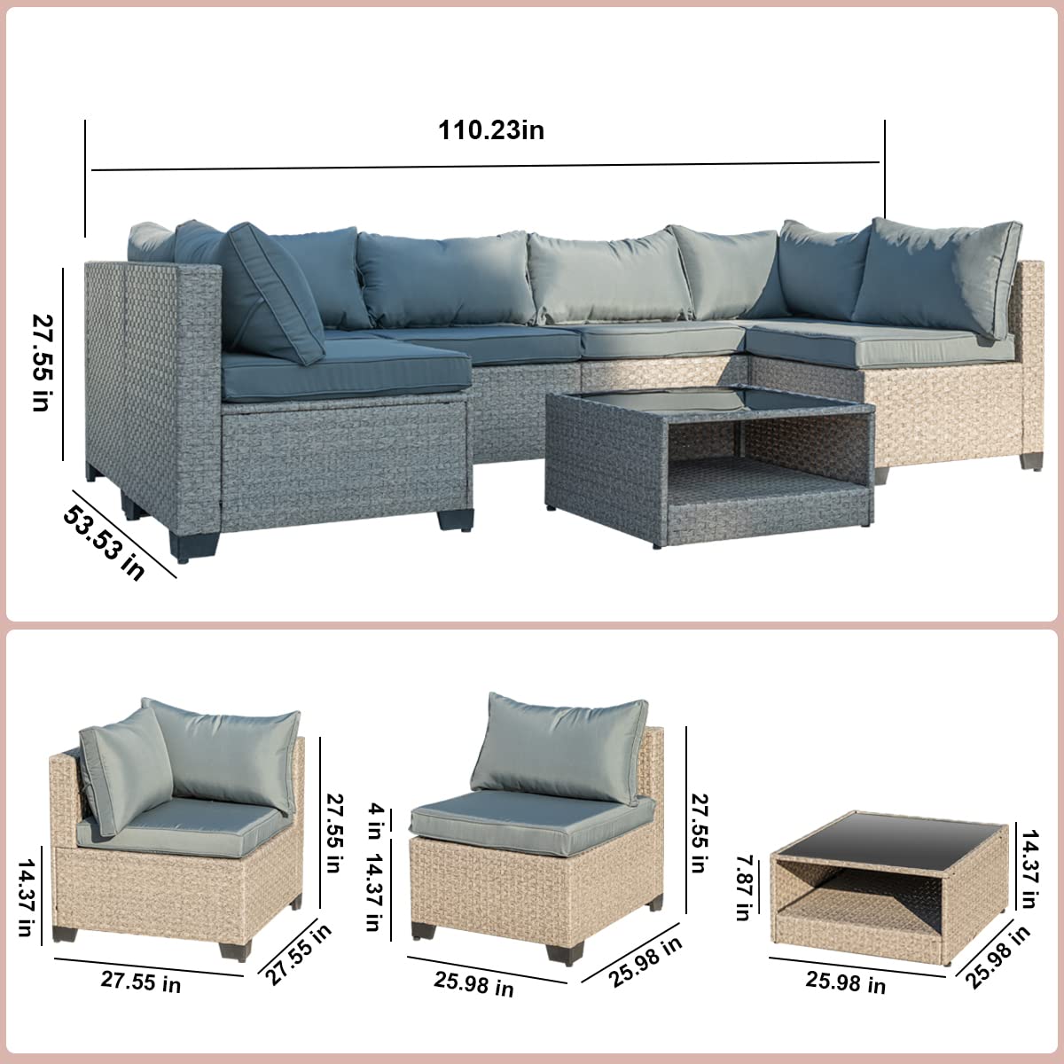 Aug-guan 7-Piece Patio Furniture Set, All-Weather Outdoor Conversation Set Sectional Sofa with Water Resistant Grey Thick Cushions and Coffee Table（Grey）