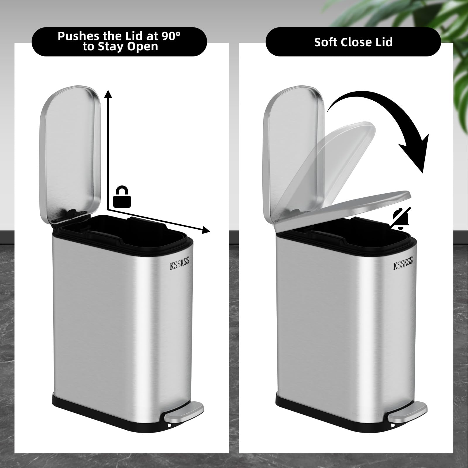 KSSKSS 2.6 Gallon Slim Bathroom Trash Can with Soft Close Lid, 10L Stainless Steel Garbage Can with Removable Liner Bucket, for Narrow Spaces,Bathroom, Bedroom (Silver)