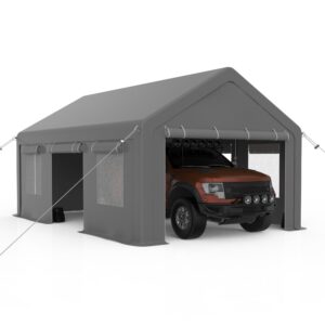 carport 10x20ft heavy duty portable garage，upgraded carport with 4 roll-up doors & 4 ventilated windows, reinforced steel poles, uv resistant all-season waterproof tarp, for car, truck, boat