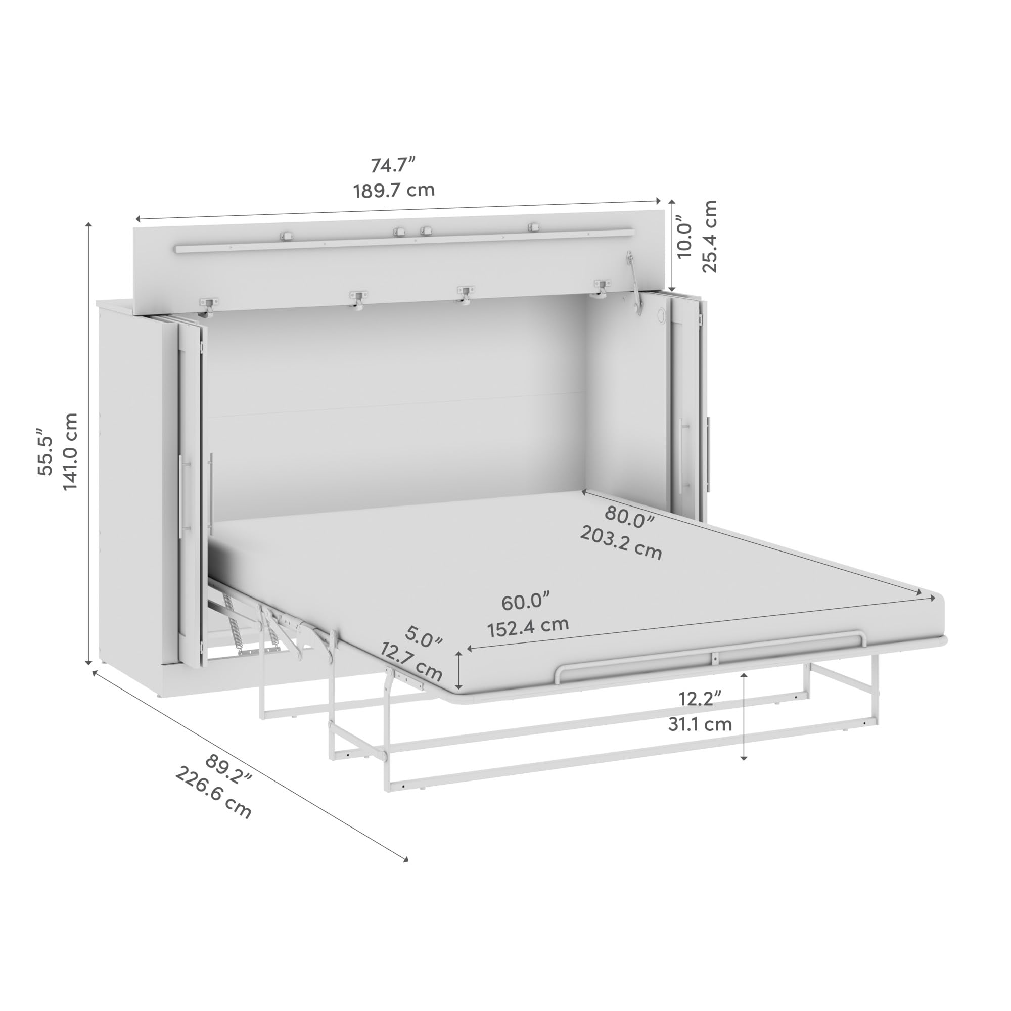 Bestar Pur 75W Murphy Cabinet Bed with Mattress, Space-Saving Sleeping Arrangement for Multipurpose Guest Room or Home Office, Queen, Black Walnut