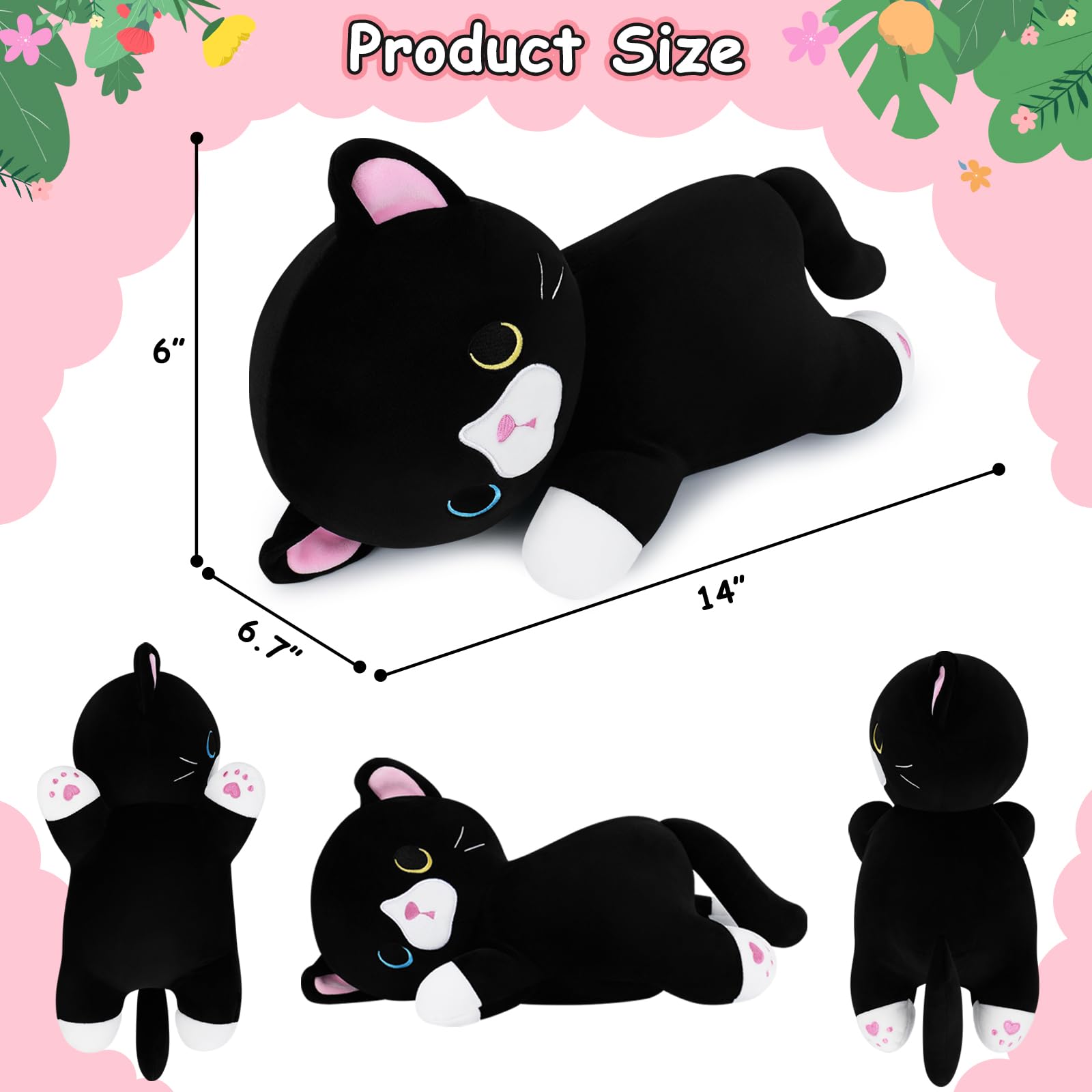 Achwishap Cat Plush,Soft Cat Stuffed Animals Plush Toys,Kawaii Plush Cat Pillow,Black Cat Body Pillow Kitten Stuffed Animal,Cute Plushies Gifts for Kids Adults Birthday(Black Cat,14”)